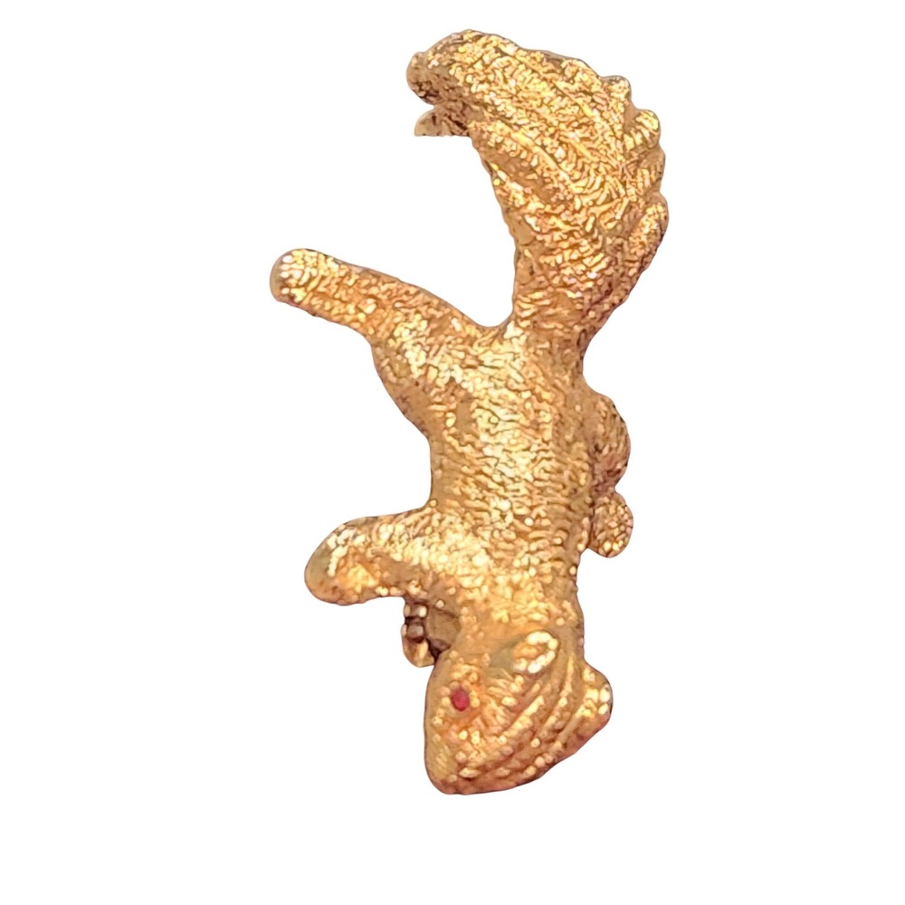 Squirrel Brooch Red Rhinestone Eye RARE Monet Gold Tone Textured